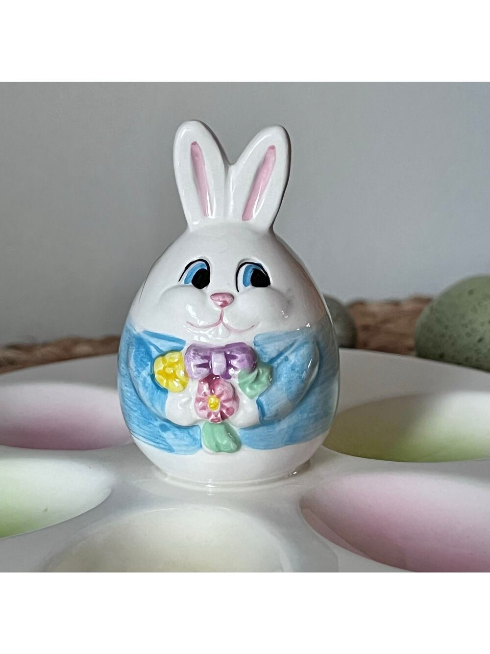 Vintage Handpainted 6 Egg Plate Whimsical Bunny Pastel 90s Taiwan Easter Spring